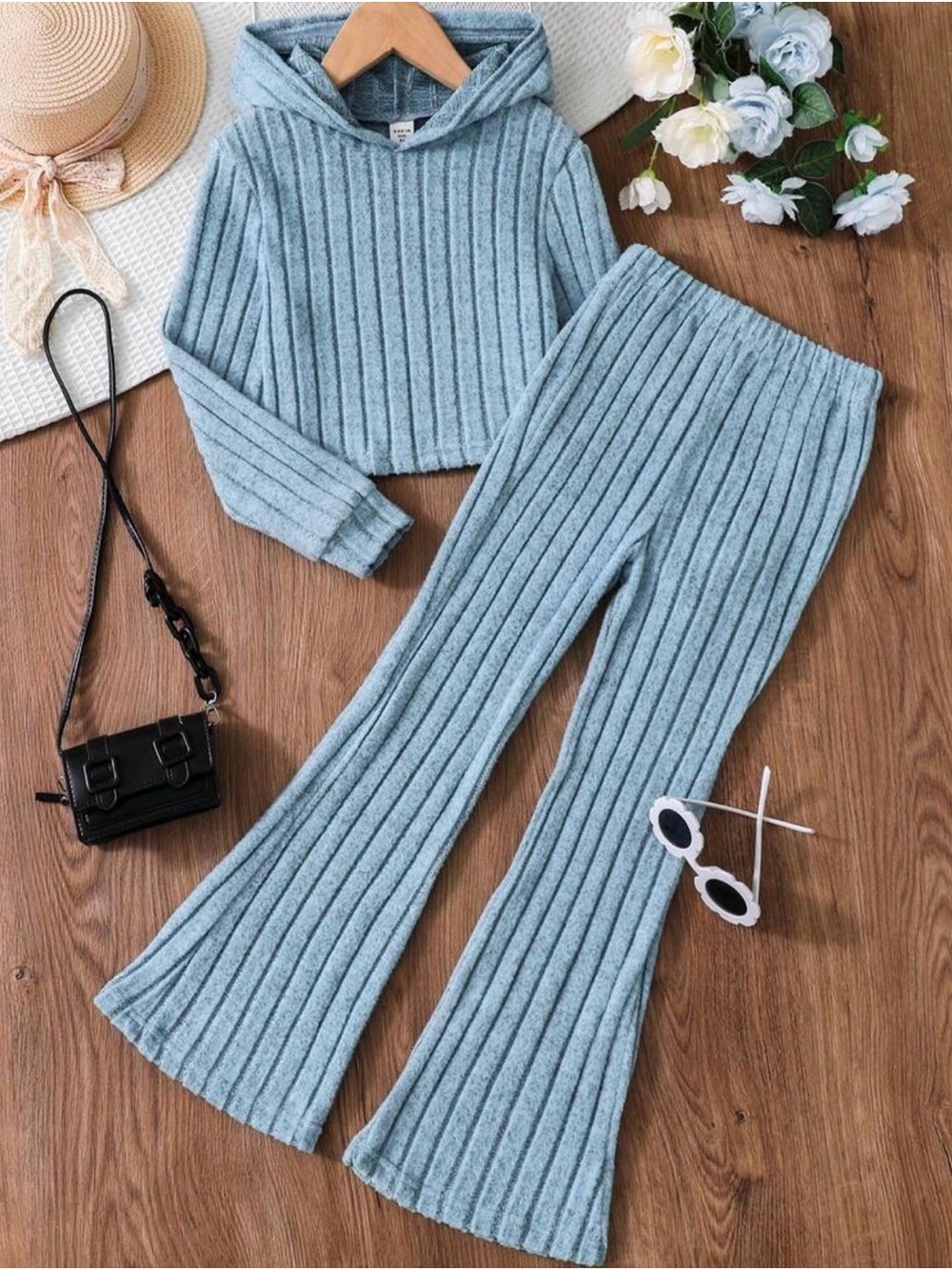 SHEIN Girls Blue Ribbed Knit Flared Pants Set with Hood